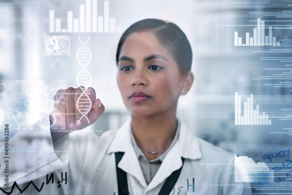 Aufkleber Advancing science with the help of technology. Cropped shot of an attractive young female scientist working on an interactive surface in her laboratory.