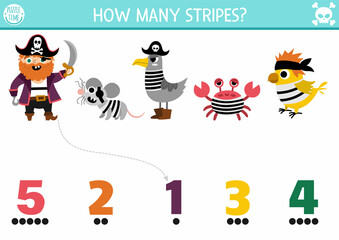 Match the numbers pirate game with animals in striped shirts. Treasure island hunt math activity for preschool kids. Sea adventures educational printable counting worksheet.
