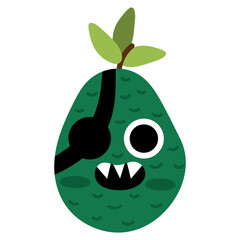 Vector funny kawaii avocado icon. Pirate fruit illustration. Comic plant fruit with eyes, eye patch and mouth isolated on white background. Healthy summer food clipart