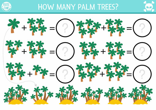 How many palm trees game. Tropical island math addition activity for preschool children. Simple summer printable counting worksheet for kids with jungle greenery.