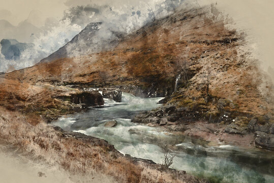 Digital watercolour painting of Stunning Winter landscape image of River Etive and Skyfall Etive Waterfalls in Scottish Highlands