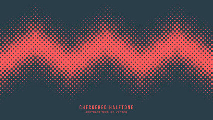 Vector Halftone Checkered Pattern Horizontal Zigzag Line Border Red Blue Abstract Background. Chequered Squares Dotted Zig Zag Wavy Texture Pop Art Graphic Design. Half Tone Contrast Wide Wallpaper