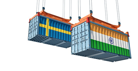 Cargo containers with Sweden and India national flags. 3D Rendering