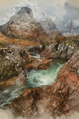 Digital watercolour painting of River Coe in Scottish Highlands landscape with Three Sisters mountains in background