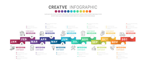 Year planner, 12 months, 1 year, Timeline infographics design vector and Presentation business can be used for Business concept with 12 options, steps or processes. 