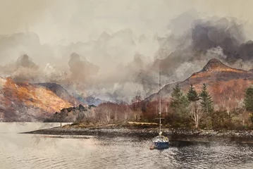 Wandaufkleber Digital watercolour painting of Stunning Winter landscape view along Loch Leven towards snowcapped mountains in distance with moored sailing yacht in the foreground © veneratio