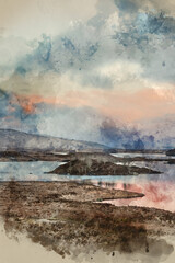 Digital watercolour painting of Loch Ba landscape in Scottish Highlands in Winter at sunset