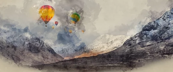  Digital watercolour painting of hot air balloons flying over Majestic beautiful Winter landscape image of Lost Valley in Scotland © veneratio
