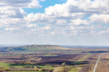 Beautiful view from the Camel mountain to the snake mountain. Orenburg region, Southern Urals, Russia