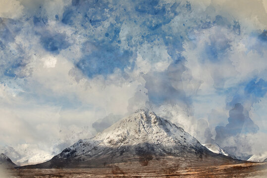 Digital watercolour painting of Beautiful iconic landscape Winter image of Stob Dearg Buachaille Etive Mor mountain in Scottish Highlands againstd vibrant blue sky