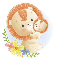 Cute Mother and baby lion animal illustration
