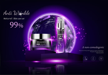 Night cosmetic for face skin care, realistic vector. Glass cream jar and serum bottle