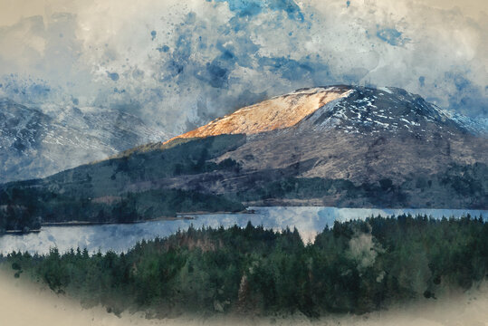 Digital watercolour painting of Majestic beautiful Winter sunrise panorama landscape image of glowing light on mountain range and peaks beyod Loch Tulla in Scottish Highlands