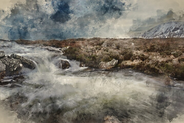 Digital watercolour painting of Beautiful Winter landscape image of River Coe in foreground with iconic Glencoe mountains in background