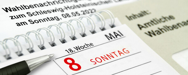 Amtliche Wahlbenachrichtigung für die Landtagswahl in Schleswig-Holstein und Kalender Sonntag, 8. Mai 2022