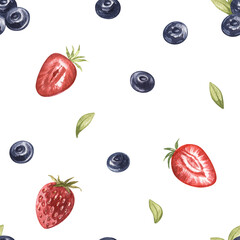Watercolor seamless pattern of juicu wild berries blueberries, raspberries, lingonberries, strawberries, blueberries, cherries. hand drawn illustration. Art for cookbook, kitchen, textile, menu cafe.