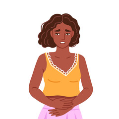Black woman, suffering from acute abdominal pain, diarrhea, bloating, holds her stomach. Painful menstruation. Hand drawn character. Vector flat illustration.