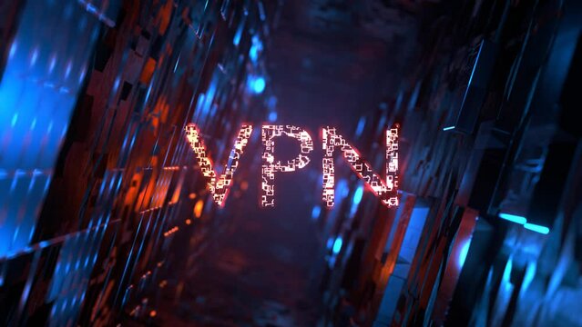 VPN concept. Virtual private network. Rotation of the camera in the tunnel with the inscription VPN