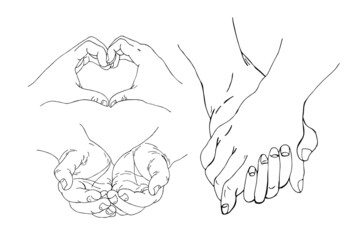 A set of sketch drawn hands. Gestures, human hands pointing to feelings, vector hand-drawn style