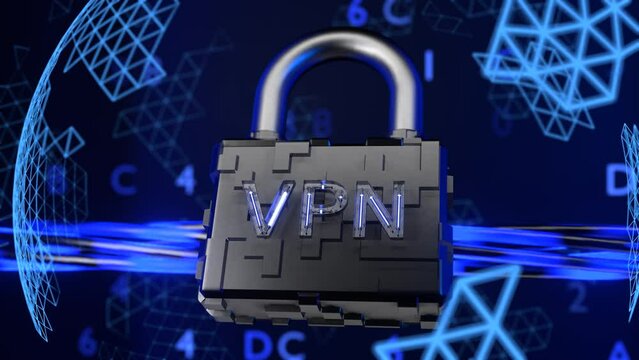 Rotation of the camera around the padlock with the inscription vpn. VPN concept.
