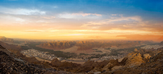 Evening view of Al Ula old town from the Harrat viewpoint. 