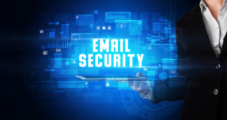 Person holding tablet, security concept