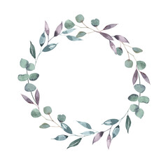 Watercolor christmas mint eucalyptus leaves wreath. New year illustration hand drawing isolated on white background. For holidays card, winter poster,banner,wallpaper,wrapping paper,design, print.