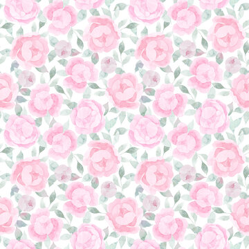 Watercolor pink realism peonies bloom with mint leaves seamless pattern. Botanical hand drawn floral illustration. Textile background. For linens, linen, wrapping paper, wallpaper, card, invitation.
