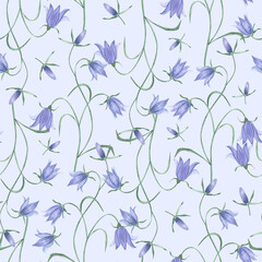 Watercolor botanical seamless pattern meadow wildflowers Campanulaceae. Hand drawn lilac flowers, natural elements on purple background. For birthday, wedding card, invitation, greeting, mother day.