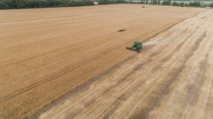 Aerial view combine harvester harvesting on the field