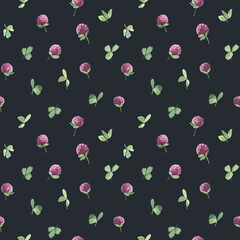 Watercolor botanical seamless pattern meadow wildflowers Clover. Hand drawn lilac flowers, natural elements on dark background. For t-shirt print, wear fashion design, linens, wallpaper, textile.