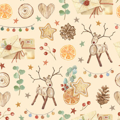 Watercolor Christmas seamless pattern with wooden toy deer. Scandinavian background. Hand made holiday print. For design, cards, wallpaper, posters, fabric, textile, wrapping paper.