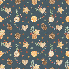 Watercolor Christmas seamless pattern with ginger cookies, eucalyptus, orange fruit, stars, garland. Hand made holiday background. Design, cards, wallpaper, posters, fabric, textile, wrapping paper.
