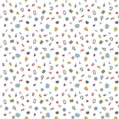 Colored seamless doodle pattern with business and technology set icons. Doodle vector with business icons on white background. Vintage technology icons,sweet elements background for your project