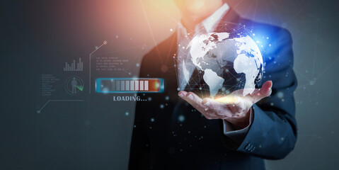 Businessman hand holding the earth icon in line graph Screen Icon of media screen.