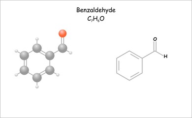 Stylized molecule model/structural formula of benzaldehyde. Use as bitter almond aroma component and for synthesis.