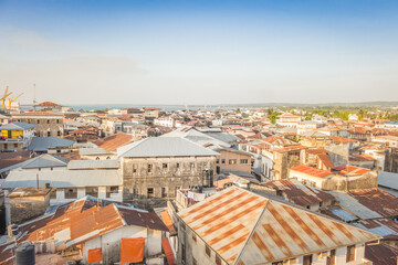 Old town of Stone Town, Zanzibar landmark. Panoramic cityscape of Stone Town with rooftops and...