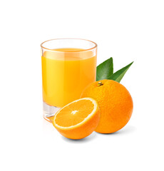 Fresh orange juice in a glass and orange slices isolated on white background.