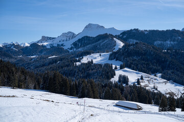 Fototapeta na wymiar Ski resort in Les Paccots in Fribourg, Switzerland 