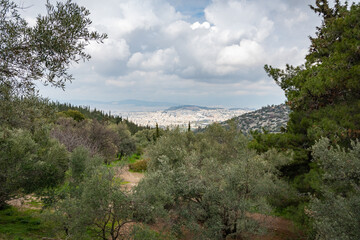 Fototapeta na wymiar View from mountain Hymettus (Ymittos), Kesariani aesthetic forest