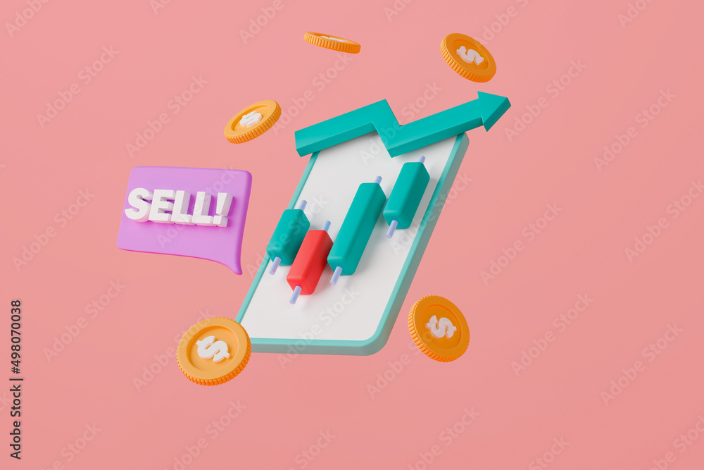 Poster 3d rendering concept stock market trading application on smartphone. mobile phone with candlestick c