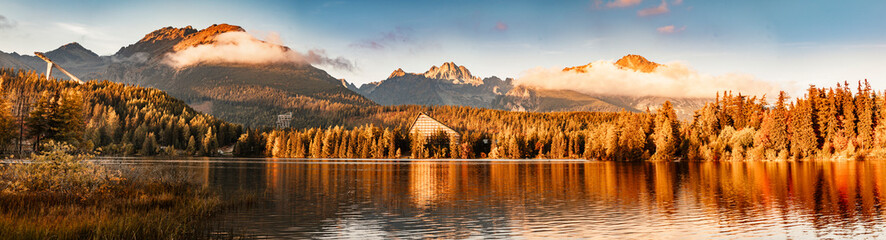 Morning autumn view on Lake Strbske pleso. Strbske lake in High Tatras National Park, Slovakia landscape, Europe. © Zedspider