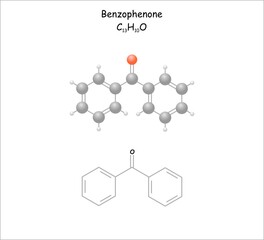 Stylized molecule model/structural formula of benzophenone. Use as photoinitiator, natural aroma component of grapes.