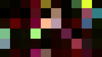 Background of flashing multicolored squares. Motion. Background of blur is made of multicolored squares. Pixels and multicolored squares blink