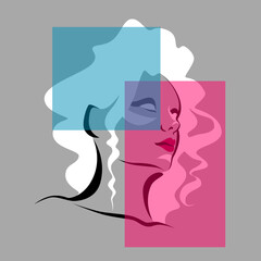 Pink and blue figures on a portrait of a woman with curly white hair. Colorful abstract picture. 