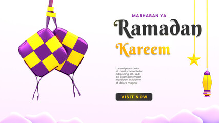Ramadan kareem landing page banner template with 3d ketupat Premium