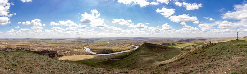 Beautiful view from the Camel mountain to Ural river. Orenburg region, Southern Urals, Russia.