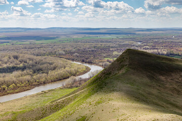 Naklejka premium Beautiful view from the Camel mountain to Ural river. Orenburg region, Southern Urals, Russia.