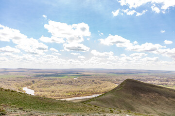 Beautiful view from the Camel mountain to Ural river. Orenburg region, Southern Urals, Russia.