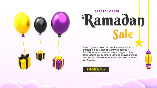 Ramadan kareem landing page banner template with 3d balloon giftbox Premium 